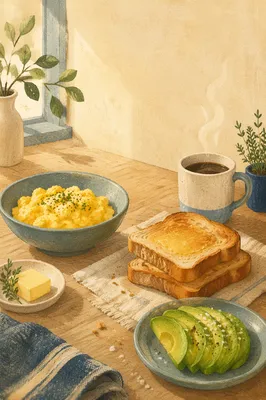 Rustic Breakfast Spread with Eggs and Coffee