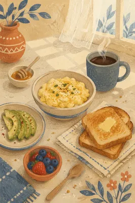 Sunlit Breakfast Spread with Eggs and Coffee