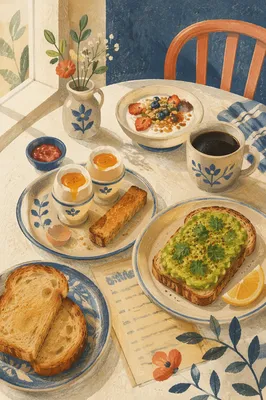 Sunny Cafe Breakfast Spread with Avocado