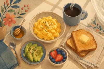 Sunlit Breakfast Spread with Eggs and Avocado