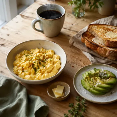 Rustic Breakfast Spread with Eggs and Coffee