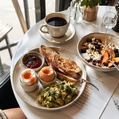 Bright Cafe Breakfast Spread with Coffee