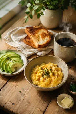 Rustic Breakfast Spread with Eggs and Coffee