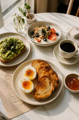 Photorealistic Brunch Table with Eggs and Avocado