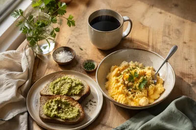Cozy Breakfast Spread with Eggs and Avocado