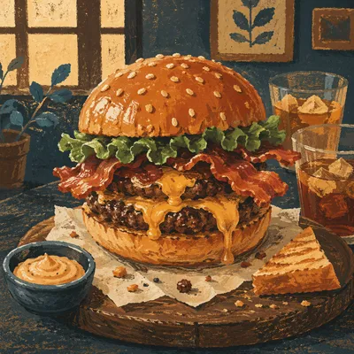 Gourmet Bacon Cheeseburger on Rustic Table