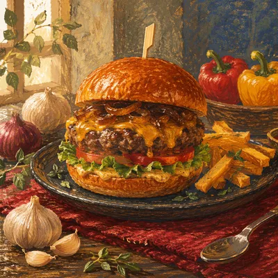 Gourmet Burger on Rustic Red Table