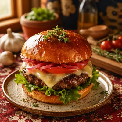 Gourmet Burger Close-Up on Crimson Tablecloth