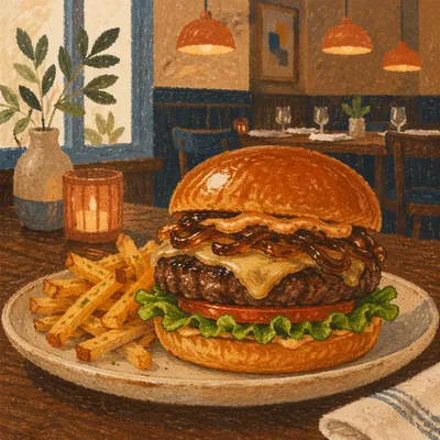 Gourmet Burger Close Up in Warm Restaurant