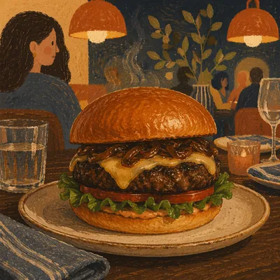 Gourmet Burger in Cozy Restaurant Close-Up
