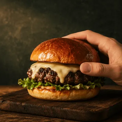 Gourmet Burger Close Up on Serving Board