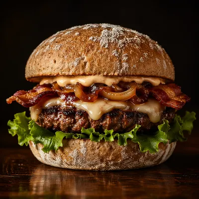 Gourmet Burger Close-Up on Dark Table
