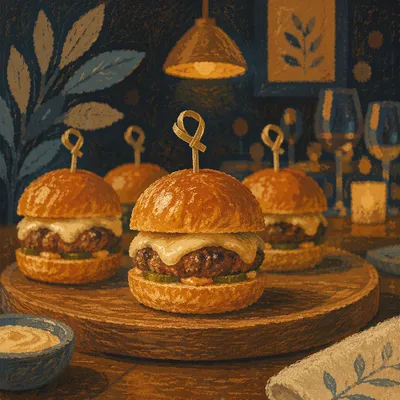 Gourmet Mini Burgers on Wooden Board
