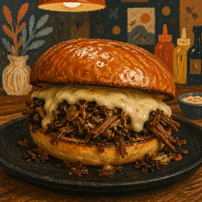 Gourmet Shredded Beef Burger Close Up