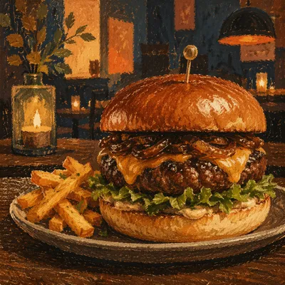 Warm Gourmet Burger Close-Up in Restaurant