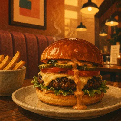 Gourmet Burger in Warm Restaurant Booth