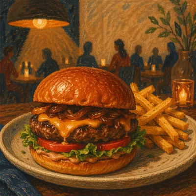 Gourmet Burger Close-Up in Warm Restaurant