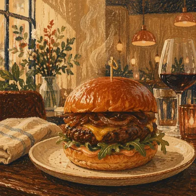Gourmet Burger Close-Up in Warm Restaurant