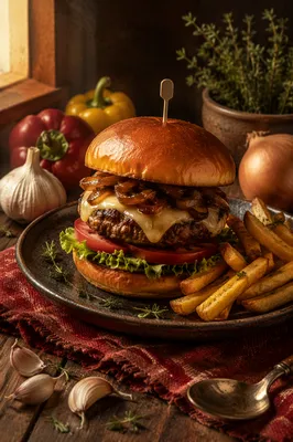 Gourmet Burger on Rustic Red Table