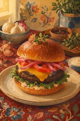 Gourmet Burger Close-Up on Crimson Tablecloth