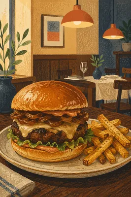 Gourmet Burger Close Up in Warm Restaurant