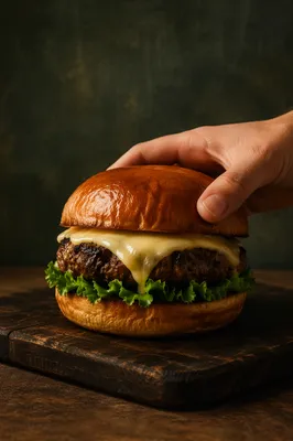 Gourmet Burger Close-Up on Wooden Board