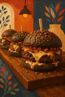 Gourmet Burgers on Rustic Serving Board