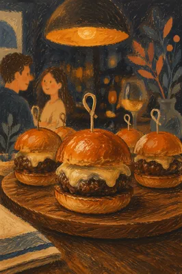 Gourmet Mini Burgers on Wooden Board
