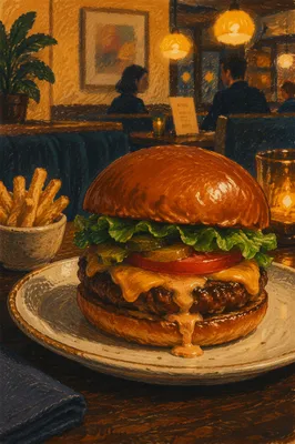 Gourmet Burger in Warm Restaurant Booth