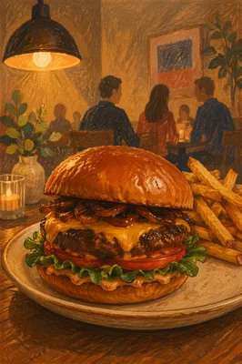Warm Gourmet Burger Close-Up in Restaurant
