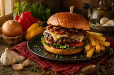 Gourmet Burger on Rustic Red Table
