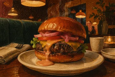 Gourmet Burger Close Up in Warm Restaurant