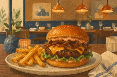 Gourmet Burger Close Up Restaurant Scene