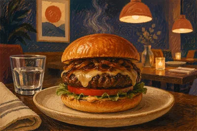 Gourmet Burger Close-Up in Cozy Restaurant