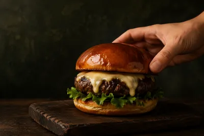 Gourmet Burger Close Up on Wooden Board
