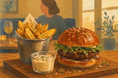 Gourmet Burger and Potato Wedges Close Up