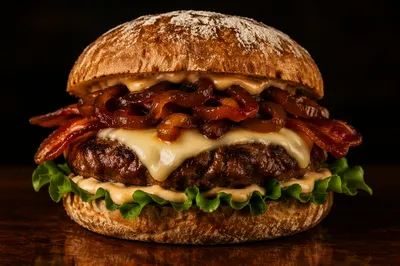 Gourmet Burger Close Up on Dark Wood
