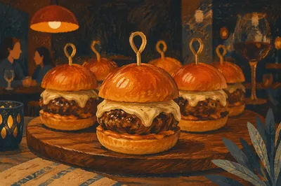 Gourmet Mini Burgers on Wooden Board