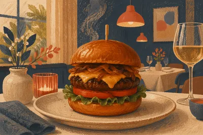 Gourmet Burger Close Up in Warm Restaurant