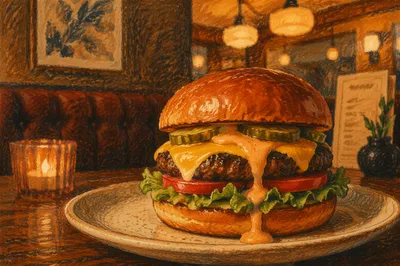 Gourmet Burger in Warm Restaurant Booth