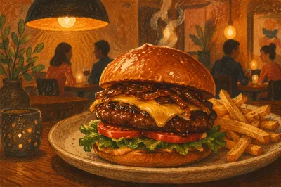 Gourmet Burger Close-Up in Warm Restaurant