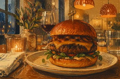 Gourmet Burger Close-Up in Warm Restaurant