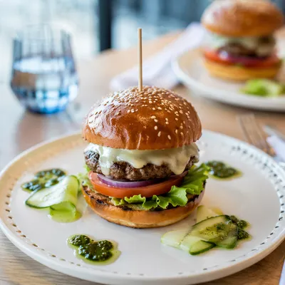 Gourmet Burger Close Up on Plate