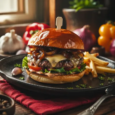 Gourmet Burger Close Up on Rustic Table
