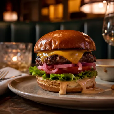 Gourmet Burger Close-Up in Warm Restaurant