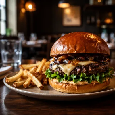 Gourmet Burger Close Up in Warm Restaurant