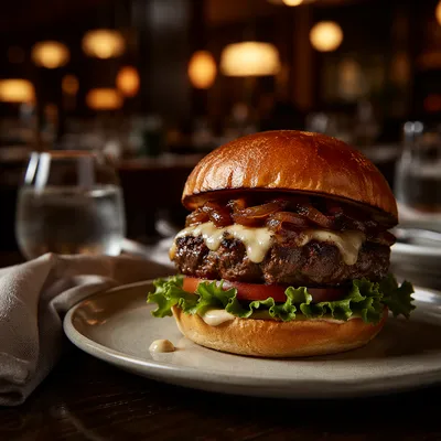 Gourmet Burger Close-Up in Cozy Restaurant