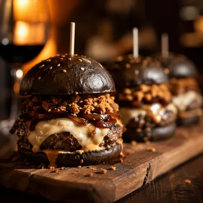 Gourmet Restaurant Burgers on Wooden Board