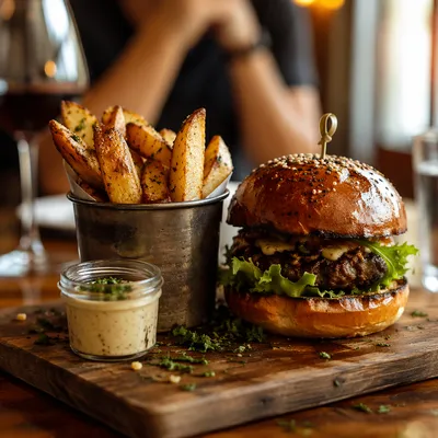 Gourmet Burger and Wedges Restaurant Close-Up