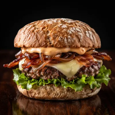 Gourmet Restaurant Burger Close-Up on Dark Wood